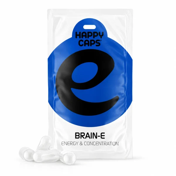 Brain-E Happy Caps energy and concentration capsules product packaging