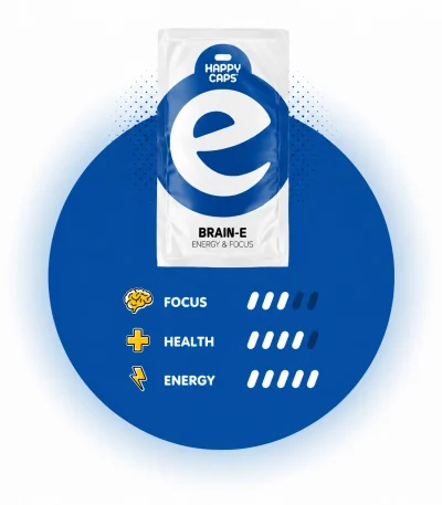 Brain-E Happy Caps power chart showing energy concentration relaxation love and psychedelic levels