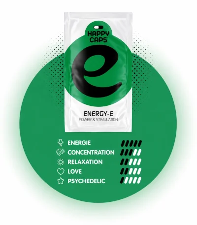 Energy-E Happy Caps power chart showing energy concentration relaxation love and psychedelic levels