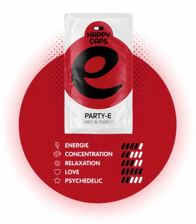 Party-E Happy Caps power chart showing energy concentration relaxation love and psychedelic levels