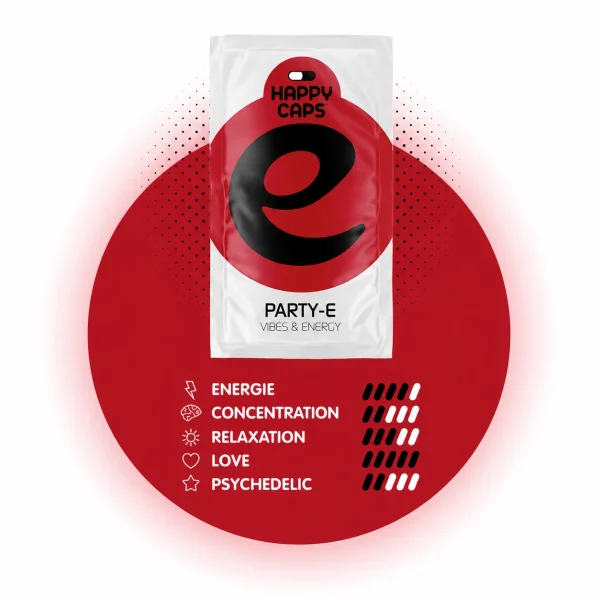 Party-E Happy Caps power chart showing energy concentration relaxation love and psychedelic levels