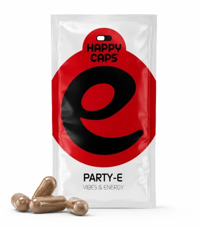 Party-E Happy Caps vibes and energy capsules product packaging