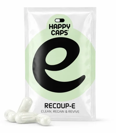 Recoup-E Happy Caps clean regain and revive capsules product packaging