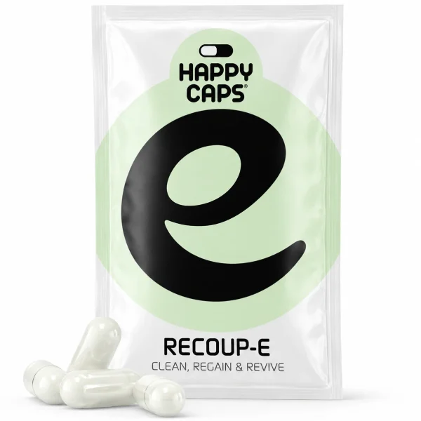 Recoup-E Happy Caps clean regain and revive capsules product packaging
