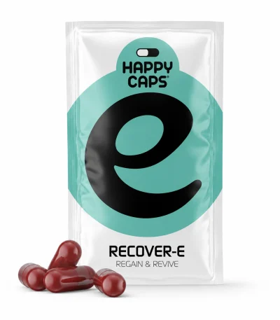 Recover-E Happy Caps regain and revive capsules product packaging