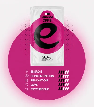 Sex-E Happy Caps power chart showing energy concentration relaxation love and psychedelic levels