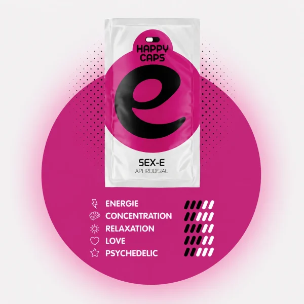 Sex-E Happy Caps power chart showing energy concentration relaxation love and psychedelic levels