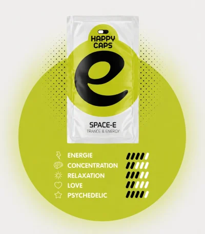 Space-E Happy Caps power chart showing energy concentration relaxation love and psychedelic levels