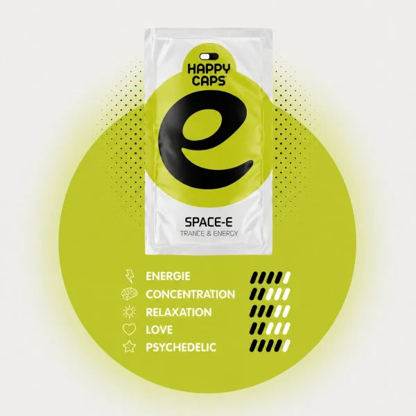 Space-E Happy Caps power chart showing energy concentration relaxation love and psychedelic levels