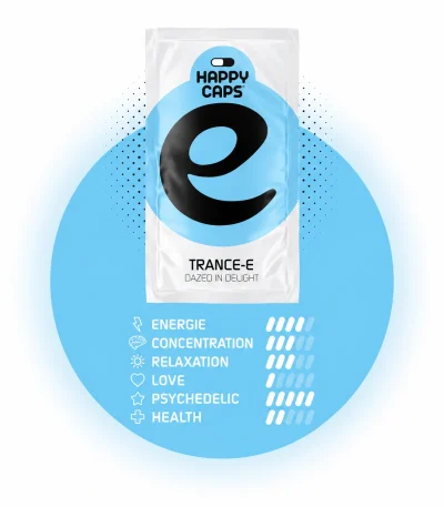 Trance-E Happy Caps power chart showing energy concentration relaxation love and psychedelic levels