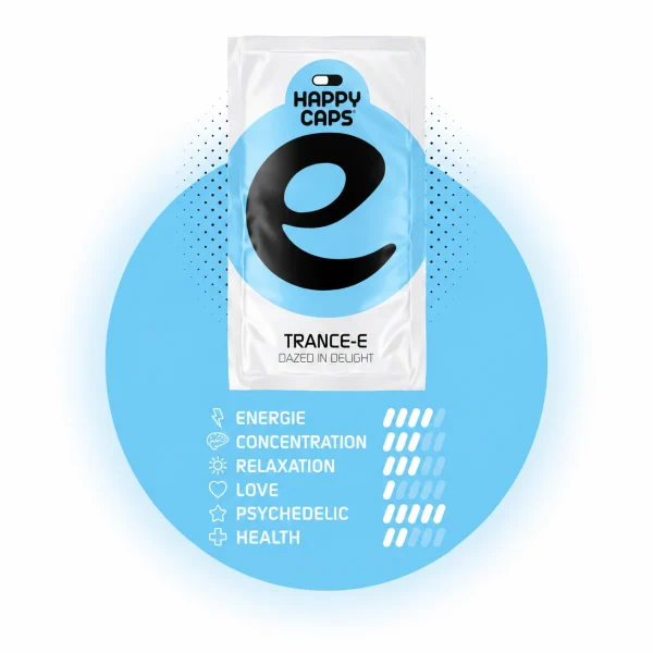 Trance-E Happy Caps power chart showing energy concentration relaxation love and psychedelic levels