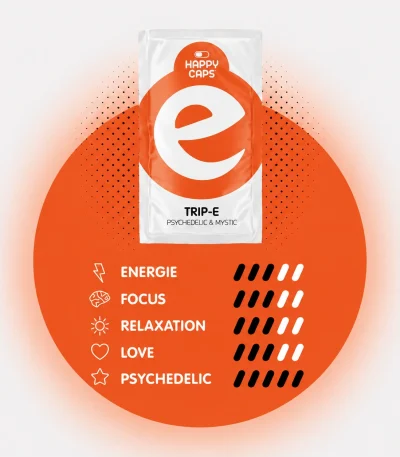 Trip-E Happy Caps power chart showing energy focus relaxation love and psychedelic levels