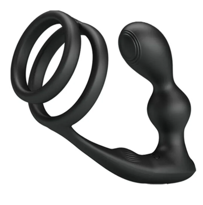 double-cock-ring-prostate-massager-black Pretty Love Marshall Vibrating Penis Ring with Anal Plug and Remote Control - Image 1
