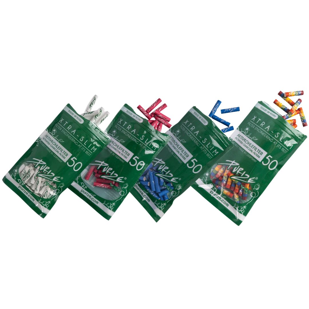 PURIZE-XTRA-SLIM-FILTERS-50-wit-roze-blauw-regenboog PURIZE XTRA Slim Filters 50 stuks – Actieve Koolstof Filters in Meerdere Kleuren